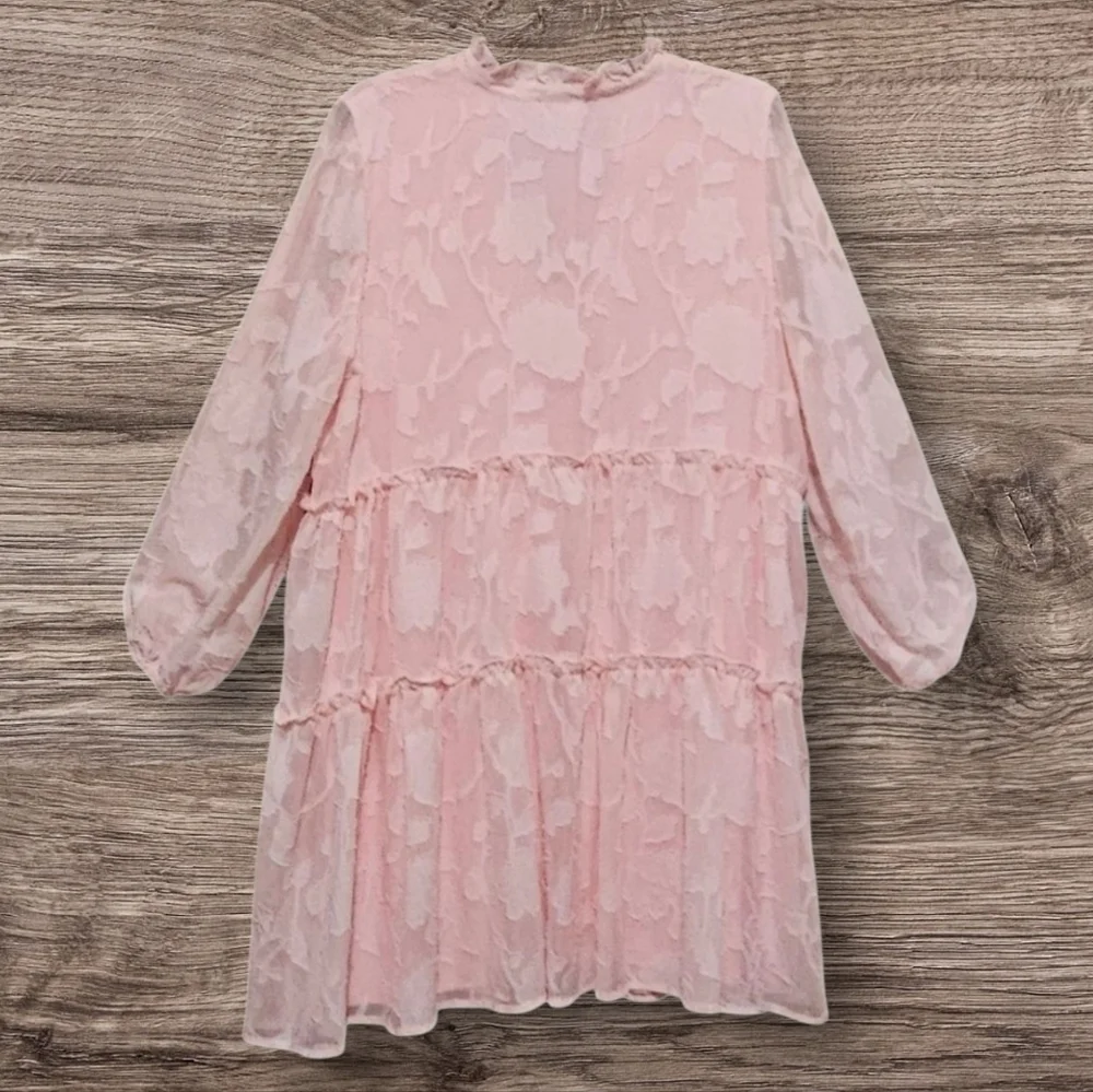 Eloquii Mini Pink Chiffon Tiered Ruffle Dress with Bow Neck Long Sleeve Boho
